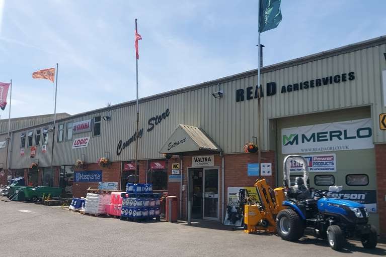 Front of Read Agriservices premises displaying a range of agricultural machinery in Somerset