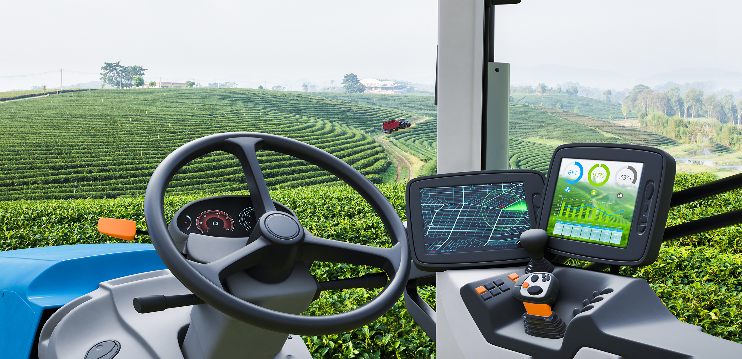 A GPS navigation screen in the cab of a tractor positioned in lush green fields.