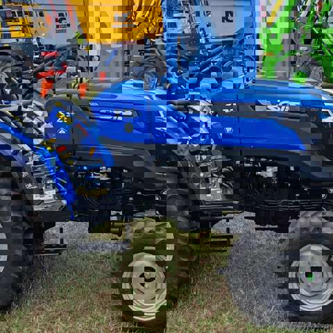 Blue Solis tractor on a showground demonstrating the benefits of VIN Chip security marking.