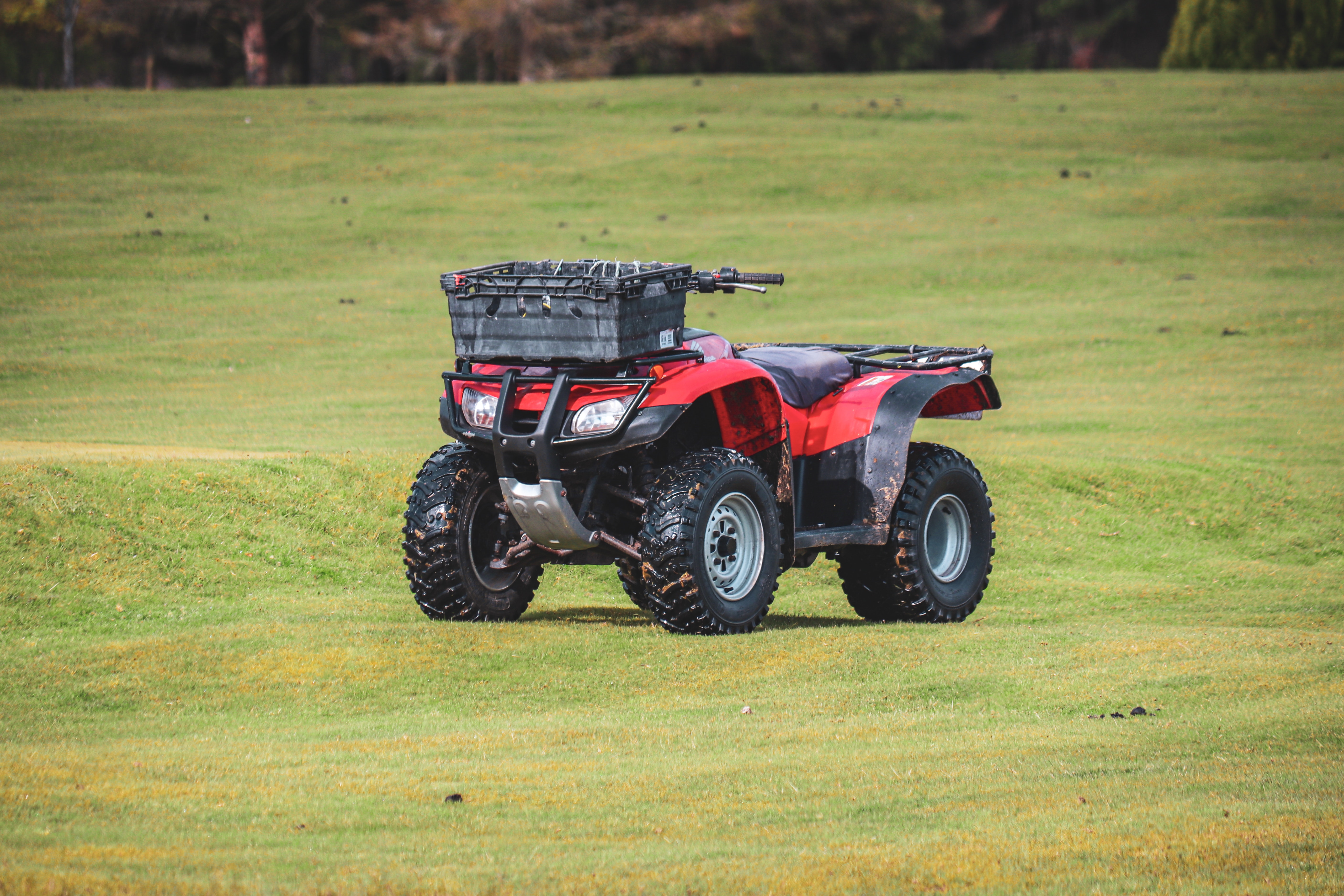 Red quad bike parked in a green field.