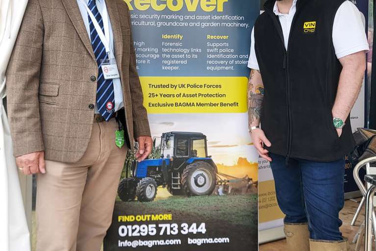 Brian Sangster of BAGMA and Mike Morton of VIN Chip on the BAGMA stand at the Royal Highland Show 2026.