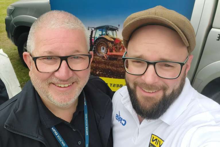 Stuart Ward of Scottish Partnership Against Rural Crime (SPARC) and Mike Morton of VIN Chip at the Royal Highland Show 2026 in front of the VIN Chip banner.