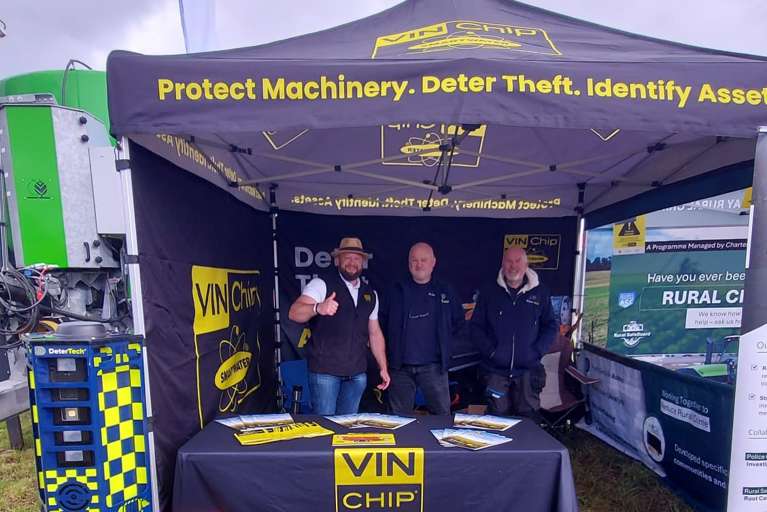 VIN Chip Stand at Cereals the UK’s flagship arable event, three men on the stand